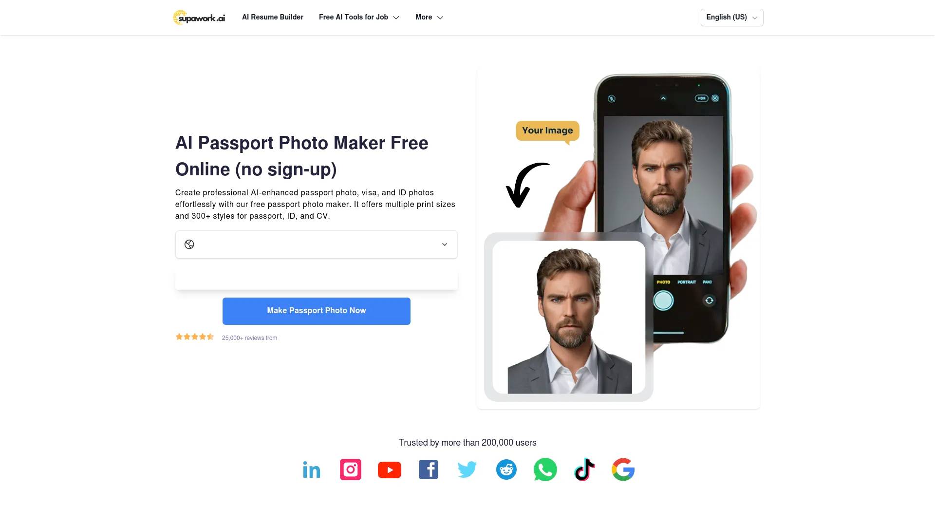 AI Passport Size Photo Maker Free Online | Supawork AI (No sign-up) screenshot